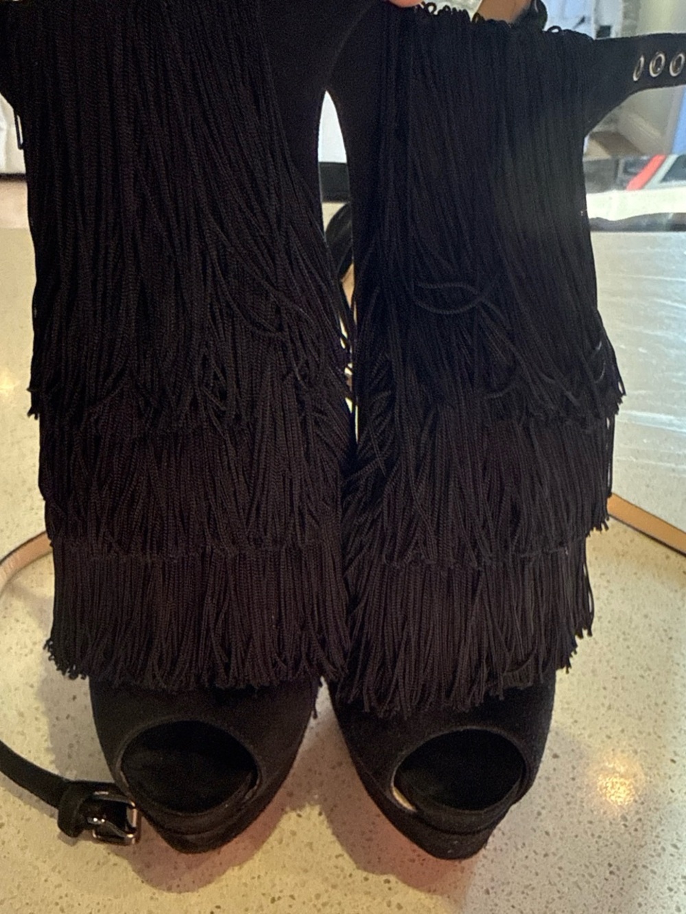 Christian Louboutin Black Fringe Peep-Toe Platform Heels